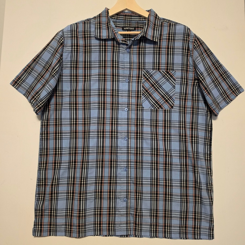 Hunters Plaid Short Sleeve Button Down Shirt Blue Black Peach Large